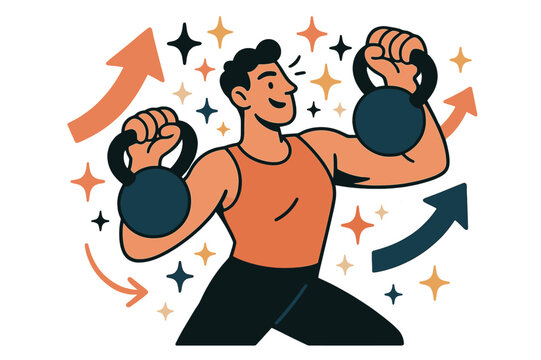 Energized Strength Training. Workout motivation. Person lifting kettlebells with abstract floating arrows, sparkles, and stars; conveys energy, progress, and
