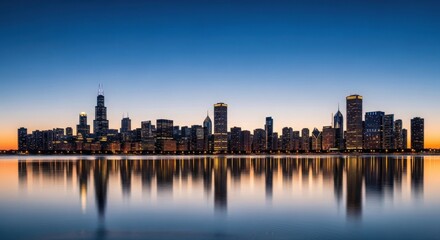 Obraz premium City skyline at sunset with reflection on water