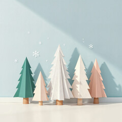 Minimalist Christmas composition with geometric trees and snowflakes casting soft shadows against a light blue wall Background