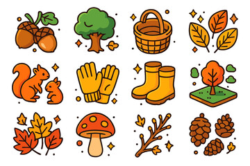 Fototapeta premium Nature Icon Set. Nature collection. Colorful isometric vector icons set of nature collection: acorns, oak tree, basket, fallen leaves, squirrels, gloves,