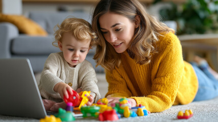 Mom sitting on floor playing with baby toys while laptop is open nearby, work from home parent, motherhood, flexibility, family lifestyle, with copy space