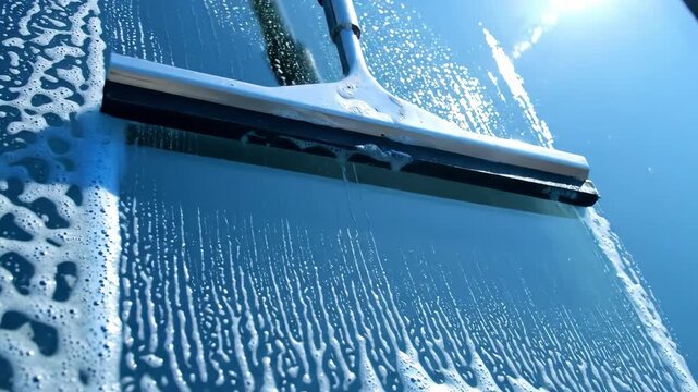 Squeegee Cleaning Soapy Window Glass on a Sunny Day.