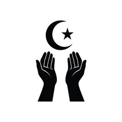 A minimal silhouette of hands raised in dua under crescent moon and star symbol of prayer and faith
