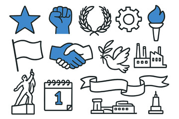 Fototapeta premium Socialist Symbols Doodle. // Socialist era symbols. Hand-drawn doodle illustration Socialist era symbols [red star (accented), worker fist (accented), wheat