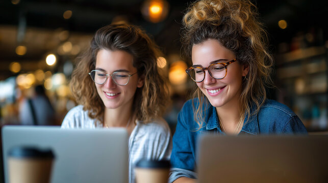 Two young women collaborating at office table with laptops and coffee, coworking, remote work, creative project, female entrepreneurs, teamwork, with copy space