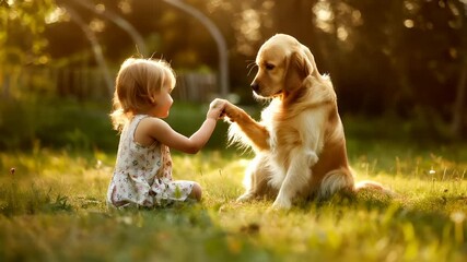 A young girl and a golden retriever are captured in a candid moment of interaction amidst a serene natural setting. The girl, with her curly hair, is reaching out to touch the dogs paw.