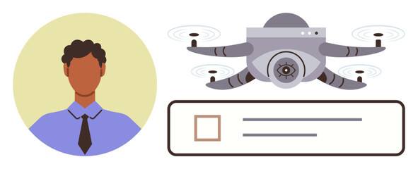 quadcopter with camera hovering near checklist, person icon beside. Ideal for security, surveillance, task management, user interaction, smart tech, innovation digital data. Simple flat metaphor