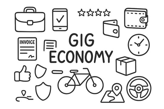 Gig Economy Doodles. Gig economy. Hand-drawn doodle illustration gig economy briefcase, mobile app, star rating, wallet, invoice, contract, delivery box,