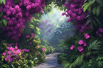 A bohemian garden with vibrant magenta blooms intertwining with lush greenery,