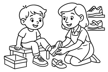 Kids' Shoe Fitting. Shoe fitting children?s coloring book illustration, outlined drawing, child trying on