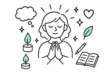 Inner Reflection Doodle. // Inner reflection. Hand-drawn doodle illustration Inner reflection [hands clasped (accented), closed eyes (accented), candle flame
