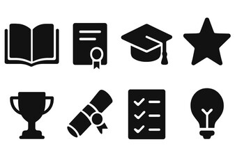 Academic Success Icons. Academic success. Filled icon set of academic success: open textbook, certificate,