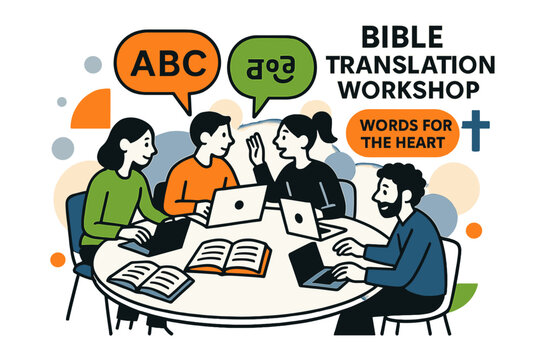 Bible Translation Workshop. Bible Translation Workshop. Laptops and open books circle a table; speech bubbles show ?A, B, C? shifting into local script. A soft