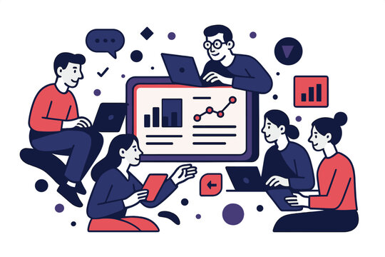 Interactive Team Workspace. Online Collaboration Hub. Teams interact on laptops and tablets around a central