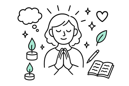 Inner Reflection Doodle. // Inner reflection. Hand-drawn doodle illustration Inner reflection [hands clasped (accented), closed eyes (accented), candle flame