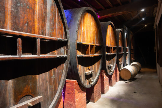 Fermentation in barrels in caves, traditional method of production of cremant and blanquette sparkling wine in Limoux, Occitanie, France, Blanquette de Limoux production