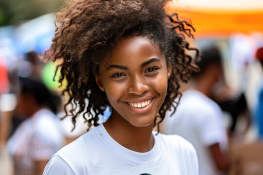Young woman smiling at outdoor event