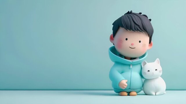 A 3D rendered figurine of a young boy with a white cat. The boy is depicted in a light blue hoodie, and the cat is white with a pink nose and whiskers.