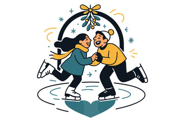 Skaters' Heartfelt Moment. Holiday romance. Two skaters sharing a laugh beneath mistletoe arch, their