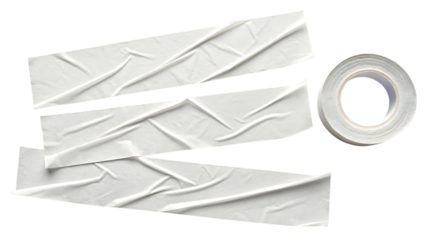 White painter's tape strips and roll with crinkled texture, cutout, PNG isolated on transparent background