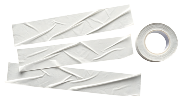 White painter's tape strips and roll with crinkled texture, cutout, PNG isolated on transparent background