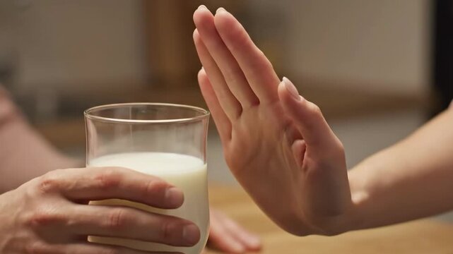 Woman refusing a glass of milk showing a stop gesture due to lactose intolerance or dairy allergy.