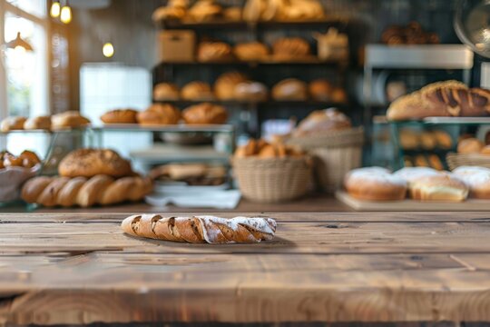 Freshly baked bread on wooden table in bakery