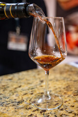 Tasting of Collioure AOC and Banyuls AOC white, rose and red wines, natural sweet grand cru Banyuls fortified dessert wine from old vines from slopes of Catalan Pyrenees in Roussillon, France