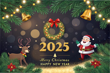 "Festive 2025 Merry Christmas & Happy New Year Celebration with Santa, Reindeer, and Wreath in a Warm, Glistening Winter Wonderland"