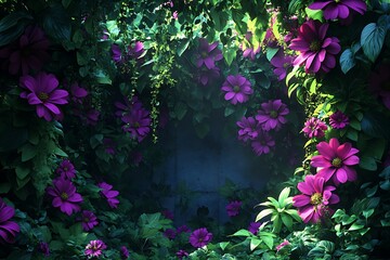 A bohemian garden with vibrant magenta blooms intertwining with lush greenery,