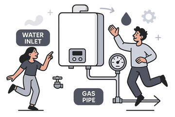 Modern Gas Line Diagram. Gas and water line setup. Detailed scheme showing boiler, water inlet, gas pipe, and