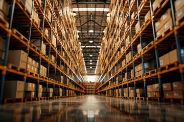 Fototapeta premium Warehouse interior with stacked boxes and shelves