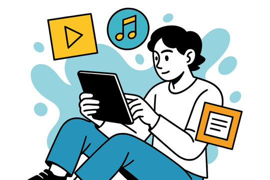 Digital Media Engagement. Media Consumption Habits. Person watching a tablet with floating abstract geometric icons of videos, music, and articles, focused and