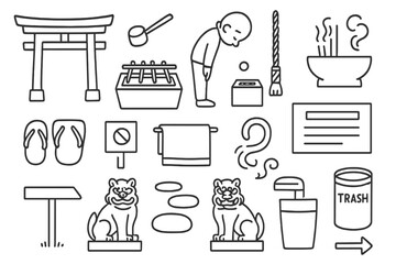 Temple Ritual Symbols. Temple entrance rituals. Hand-drawn doodle illustration Temple entrance rituals torii gate, purification ladle, water basin, bowing