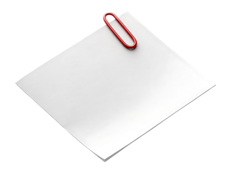White paper with a red paperclip attached to the corner, cutout, PNG isolated on transparent background