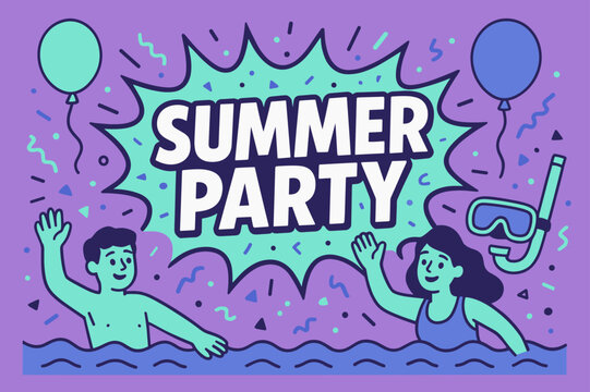 Comic Burst Adventure. Explore below banner, flat vector illustration, bold oversized text inside comic burst, cartoon characters swimming and waving, balloons