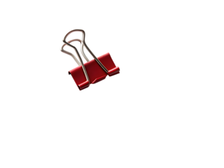 Red paperclip with silver metal handles on a white surface, cutout, PNG isolated on transparent background