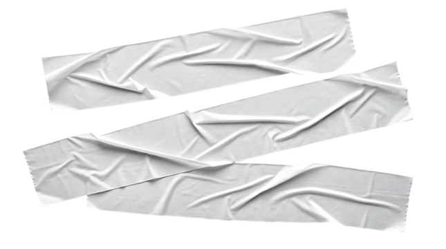 White painter's tape strips with crinkles and folds, cutout, PNG isolated on transparent background