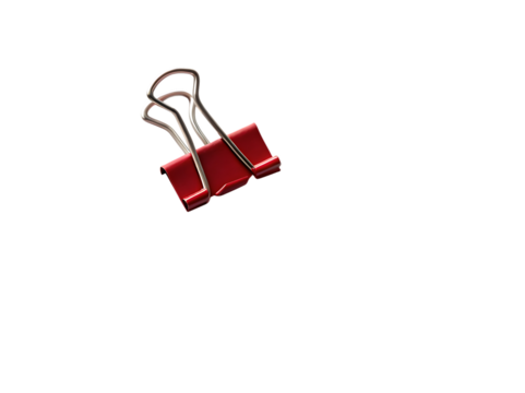 Red paperclip with silver metal handles on a white surface, cutout, PNG isolated on transparent background