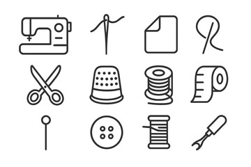 Obraz premium Garment Construction Icons. Garment construction. Line icon set of garment construction: sewing machine, needle, thread, fabric fold, scissors, thimble,