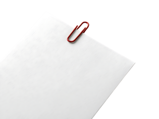 White paper with a red paperclip attached to the corner, cutout, PNG isolated on transparent background