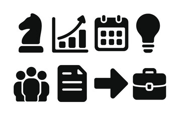 Corporate Strategy Icons. Corporate strategy. Filled icon set of corporate strategy: chess piece, graph,