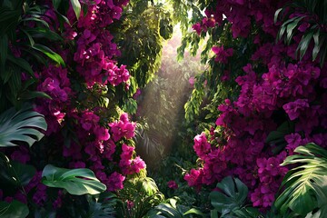 A bohemian garden with vibrant magenta blooms intertwining with lush greenery,