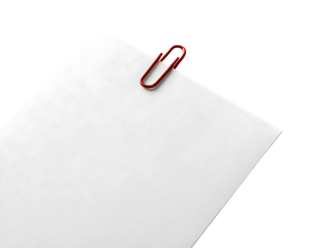 White paper with a red paperclip attached to the corner, cutout, PNG isolated on transparent background