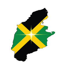 Map of Jamaica featuring the national flag with a glowing light burst in the center isolated on white background
