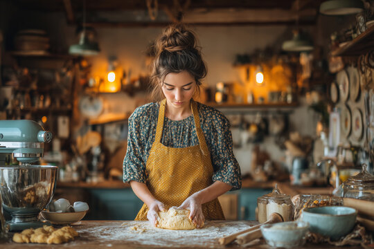 Cozy baking session with a woman making cookies in a warm kitchen