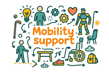 Fototapeta premium Mobility Support Doodle. Mobility support. Hand-drawn doodle illustration of mobility support. Human figure,