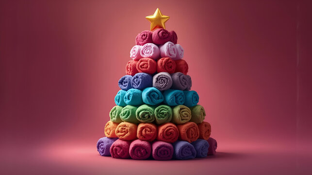 small hand towels folded into a christmas tree shape on pink background, ai