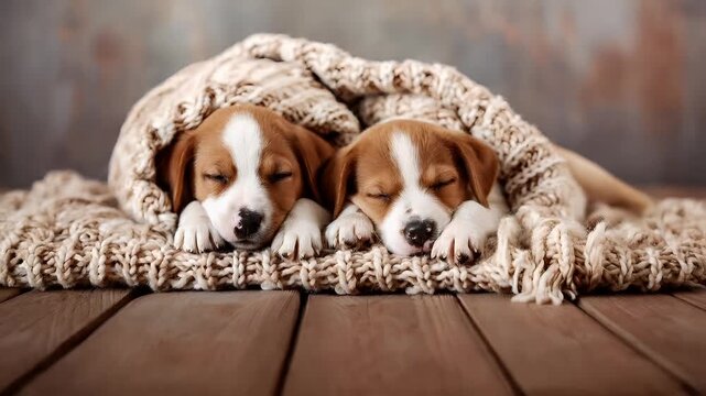 A closeup of three young beagle puppies snuggled under a textured beige blanket. The puppies are captured in a relaxed pose, with their heads resting on their paws and eyes closed.