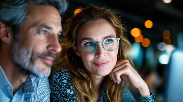 Middle-aged architect listening while younger colleague presents home design on screen, mentorship, teamwork, generational diversity, architecture, with copy space